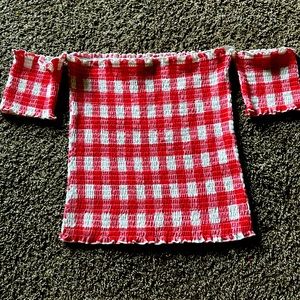 Off shoulder checkered print blouse.